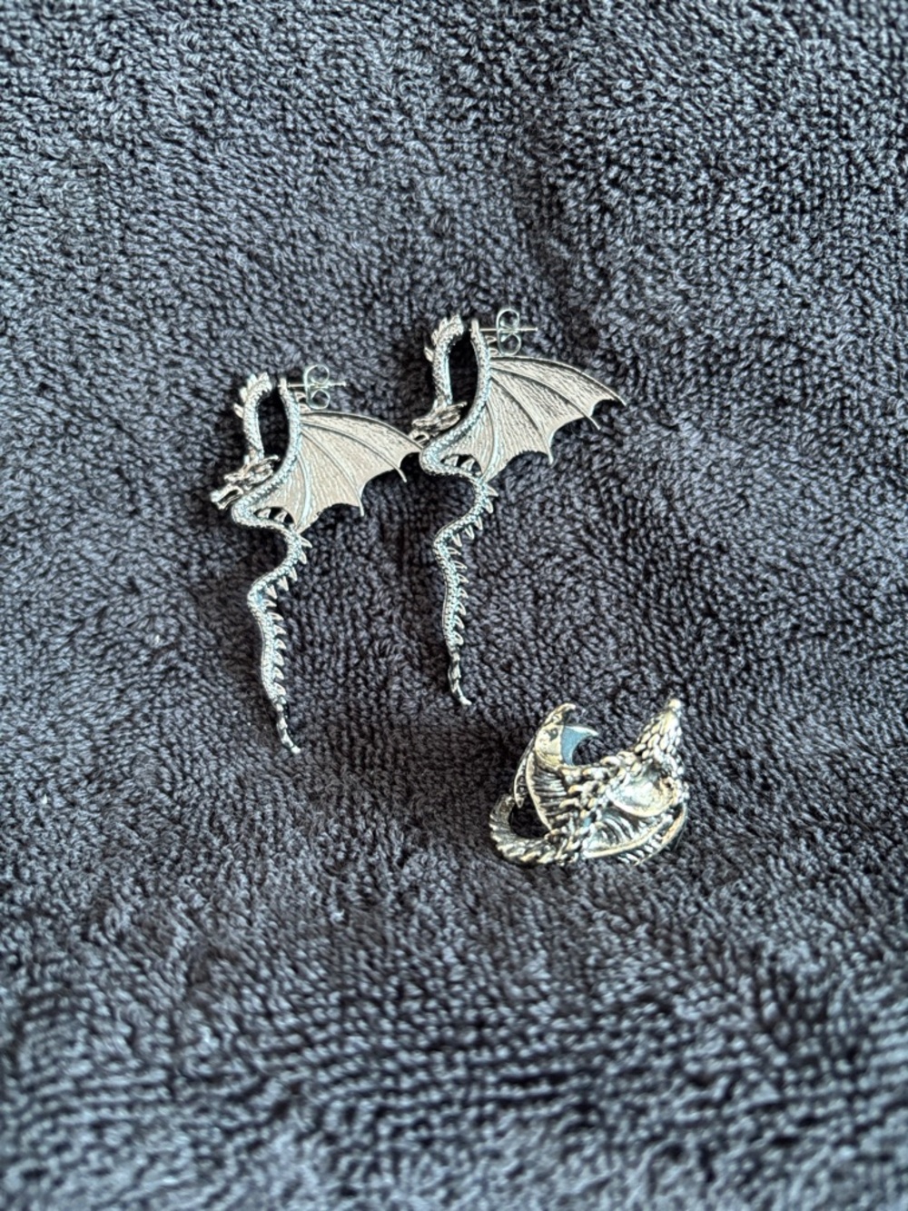 Costume Jewelry Dragon Earrings and Adjustable Ring Set